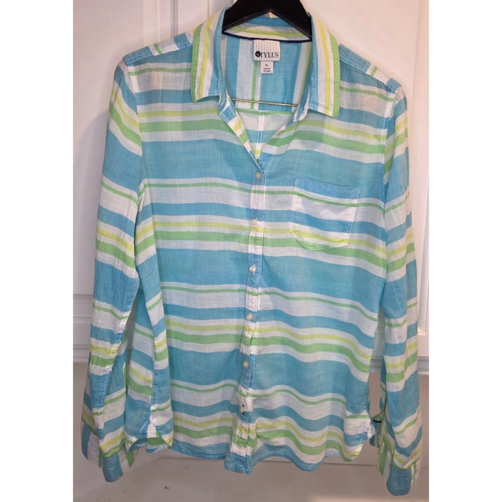 Stylus women’s XL striped 100% cotton long sleeve button up shirt blue green - Picture 3 of 10